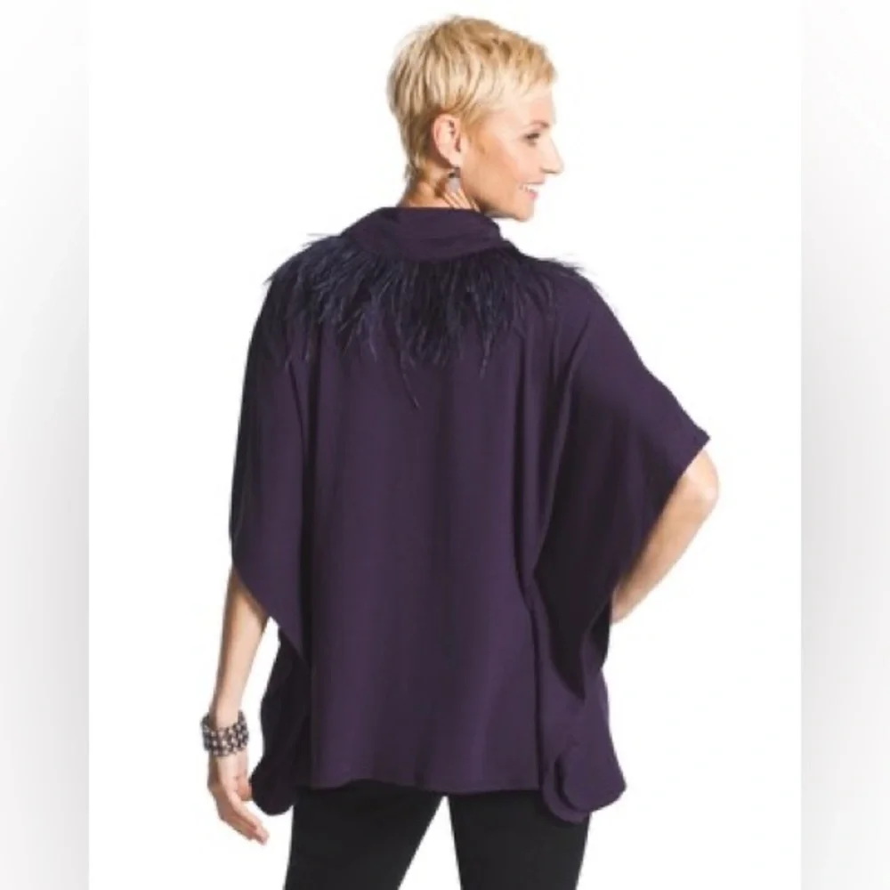 Chicos purple feather trim cowl neck fancy feathers poncho sz L/XL